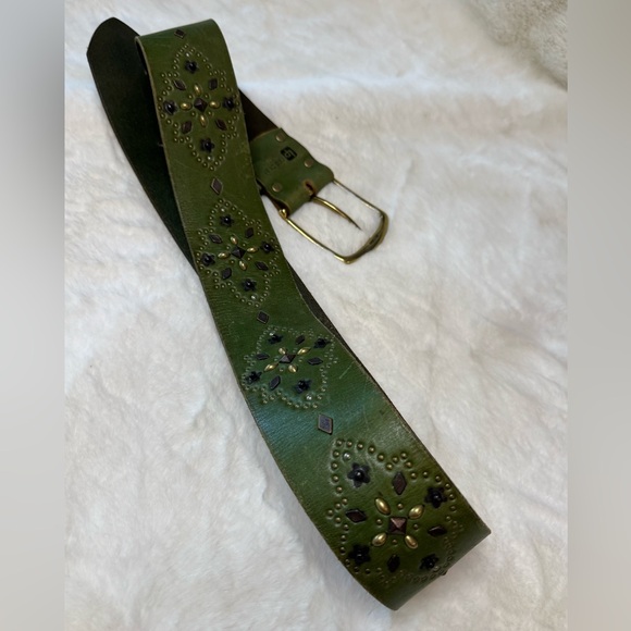 Linea Pelle Genuine Leather Green Vtg Bohemian Western Belt, Solid Brass Buckle - Picture 6 of 15